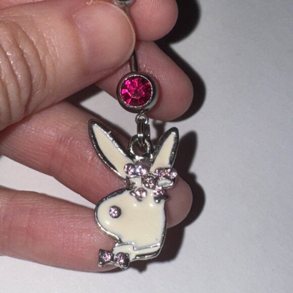 Hot Pink and white Play boy-looking Bunny Dangle Belly Ring - Picture 4 of 9